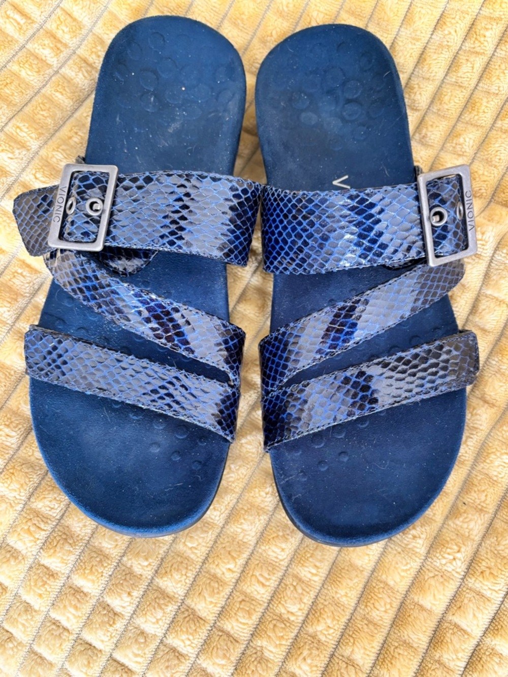 Vionic Blue Snake-Print Buckle Slide Sandals-10M